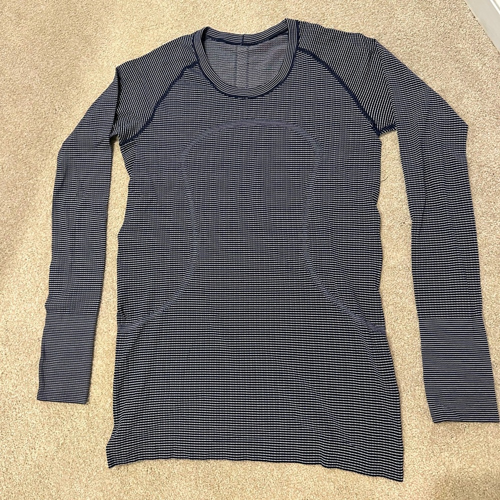 lululemon Swiftly Long Sleeve Tee, Size 10, Navy & White Stripes